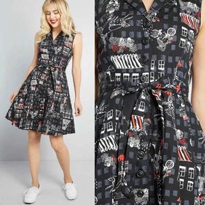 ModCloth Community Brunch Parisian Retro Collared Shirt Dress Black Small NEW